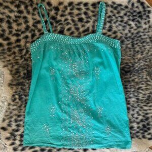 Vintage Teal Sequins Beaded Long Tank Top